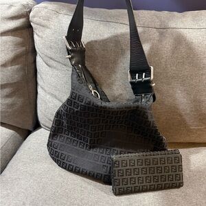 Fendi Black Zucca Monogram Shoulder Bag with Matching Wallet